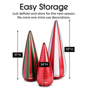 Decorative inflatable cones with measurements and text about easy storage.